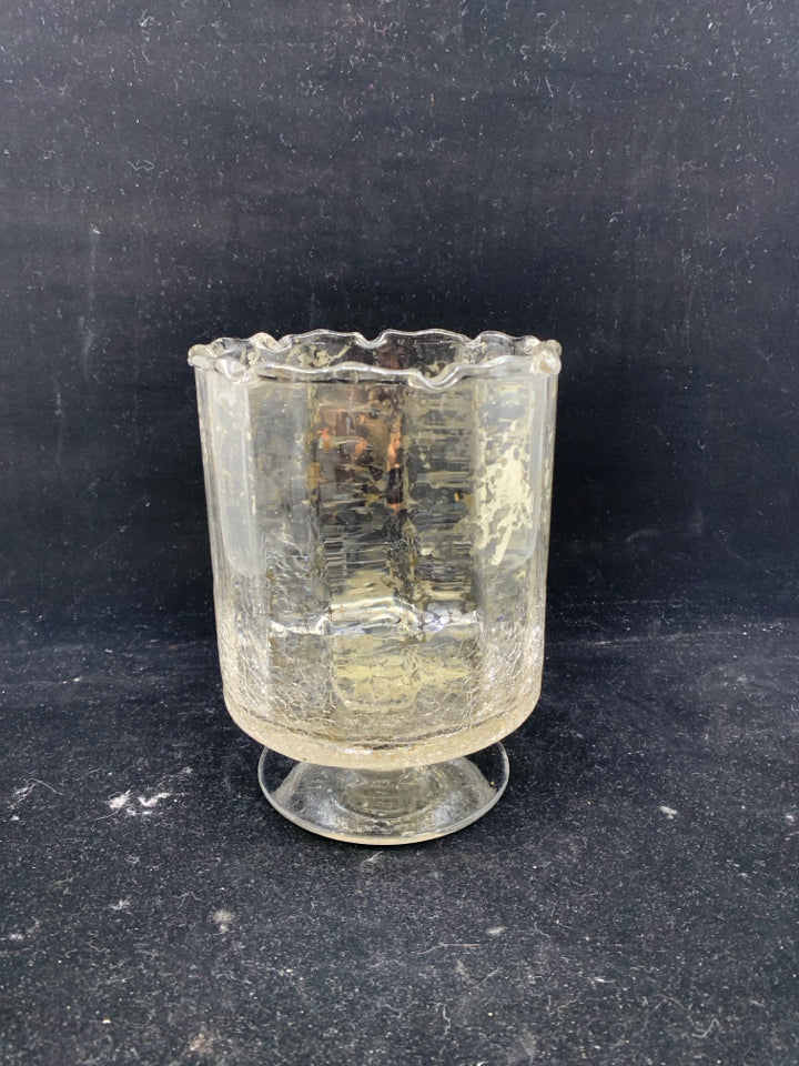 FOOTED CLEAR CRACKLE GLASS CANDLE HOLDER W/ SILVER SPECKS.