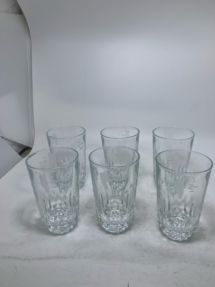 6 LEAD CRYSTAL HEAVY BOTTOM TUMBLERS W/ FLORAL ETCHING.