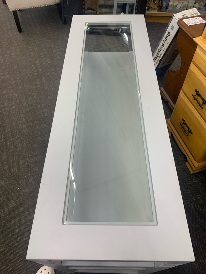 GREY CONSOLE TABLE 2 DRAWERS AND GLASS STOP.