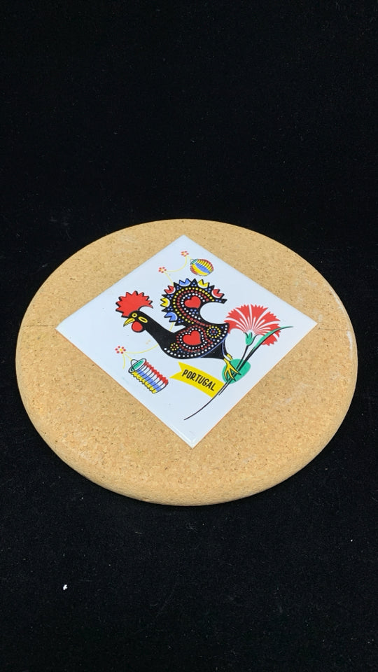 FOLK ART ROOSTER- PORTUGAL TILE ON CORK TRIVET.