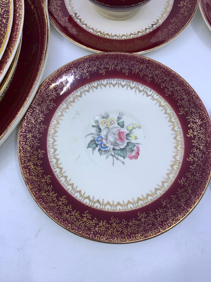 21 PC FLORAL MAROON AND GOLD DETAILED BORDER DISH SET.