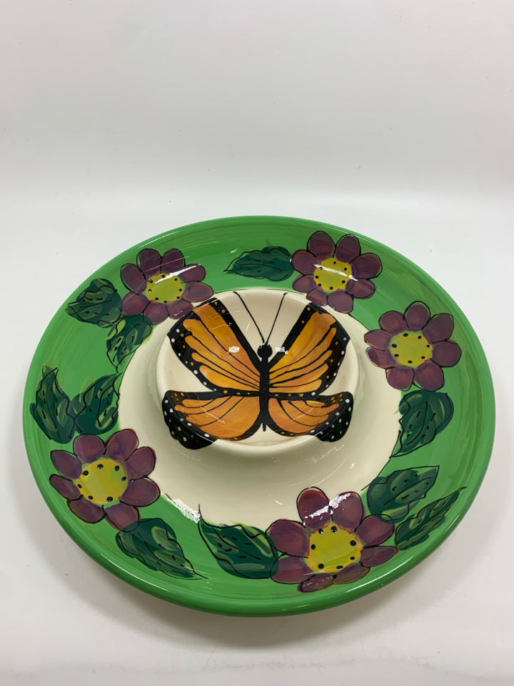 BUTTERFLY AND FLOWER PAINTED CHIP N DIP CERAMIC DISH.