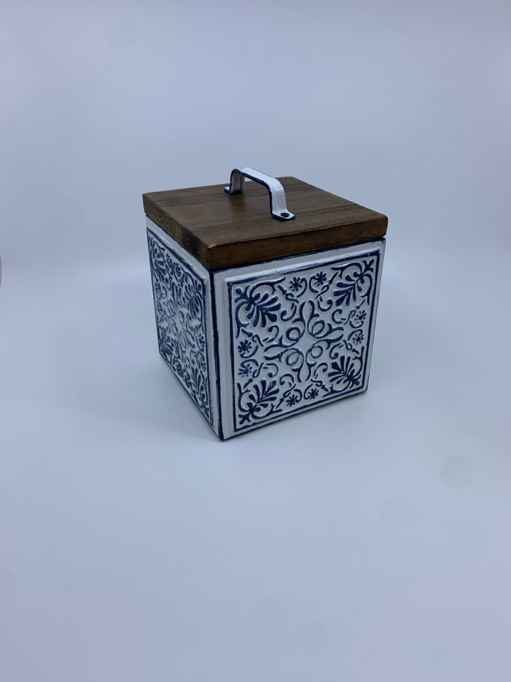 METAL WHITE/ BLUE SQUARE CANISTER.