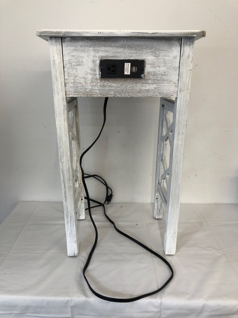 WHITE DISTRESSED SIDE TABLE W DRAWER PLUG AND USB.