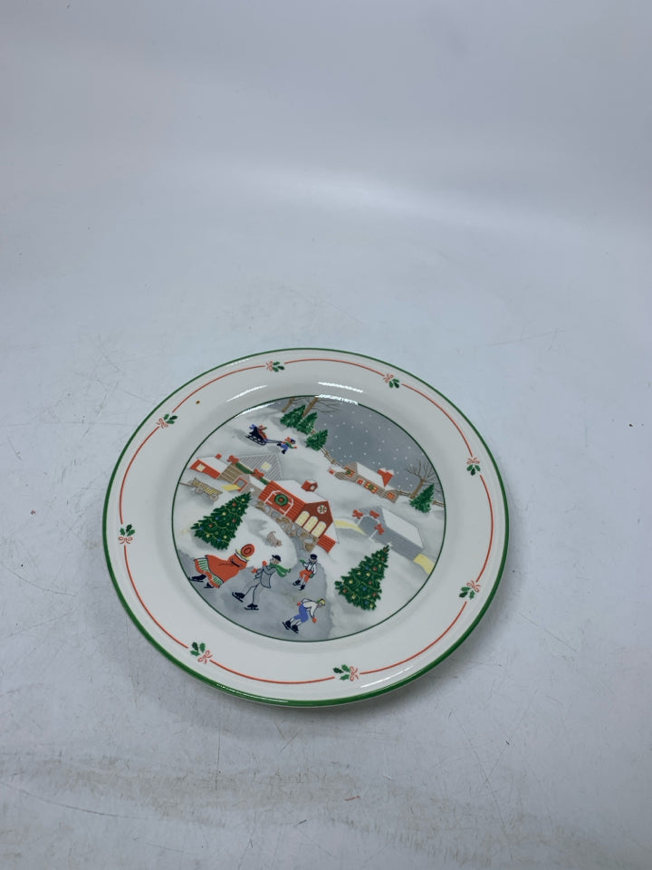 SMALL SANGO CAKE STAND W/ HOLIDAY THEMED TOWN SCENE.