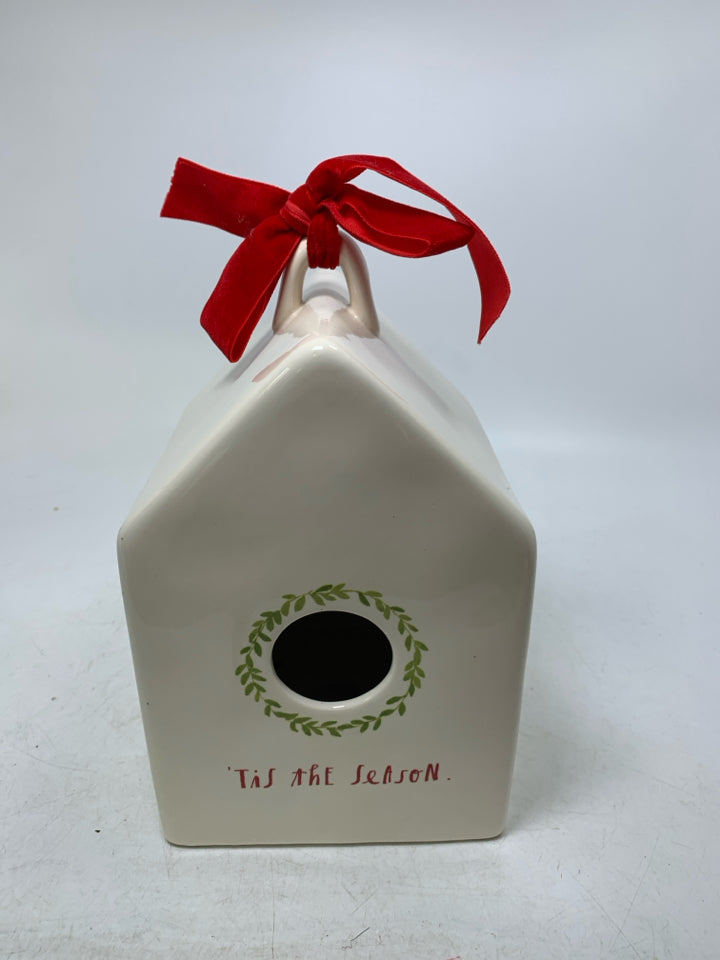 WHITE RAE DUNN TIS THE SEASON BIRDHOUSE.