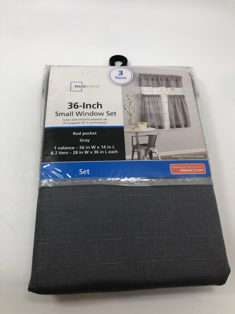 3 PC GRAY SMALL WINDOW SET - 1 VALANCE, 2 TIERS.