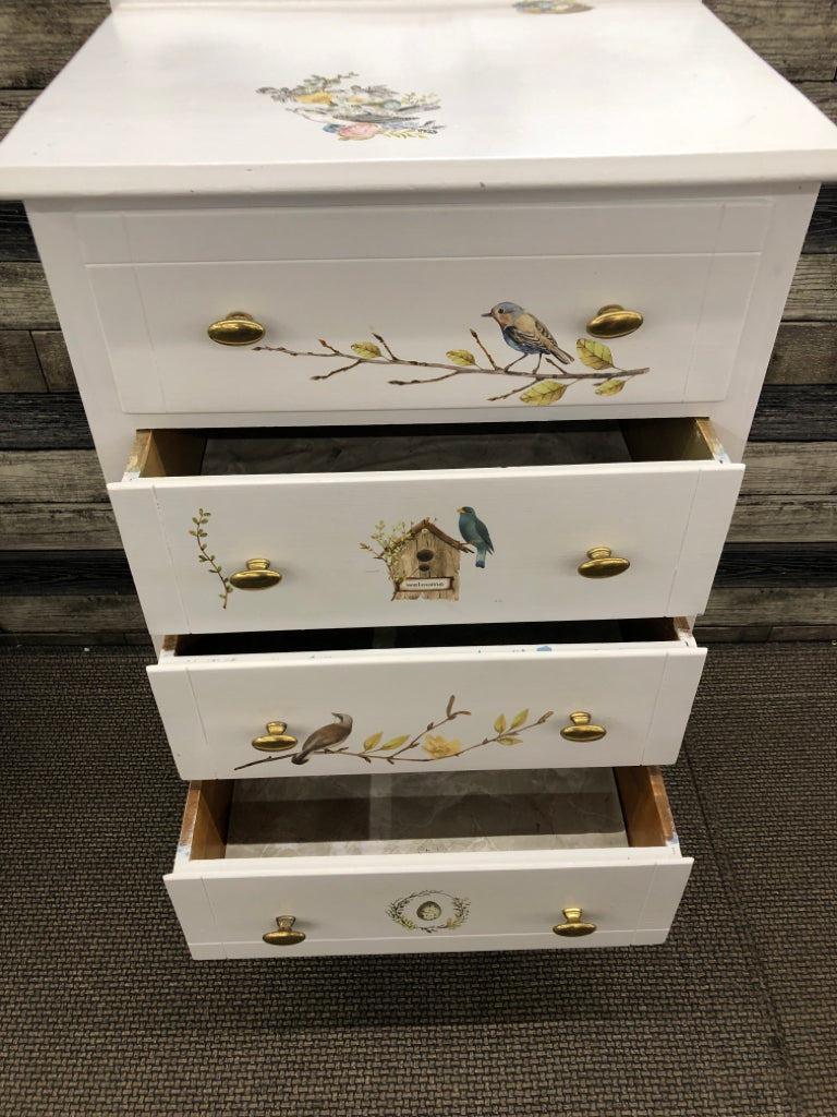 SMALL 4 DRAWER REFURBISHED DRESSER W/ BIRD + NESTS DETAILS GOLD HARDWARE.