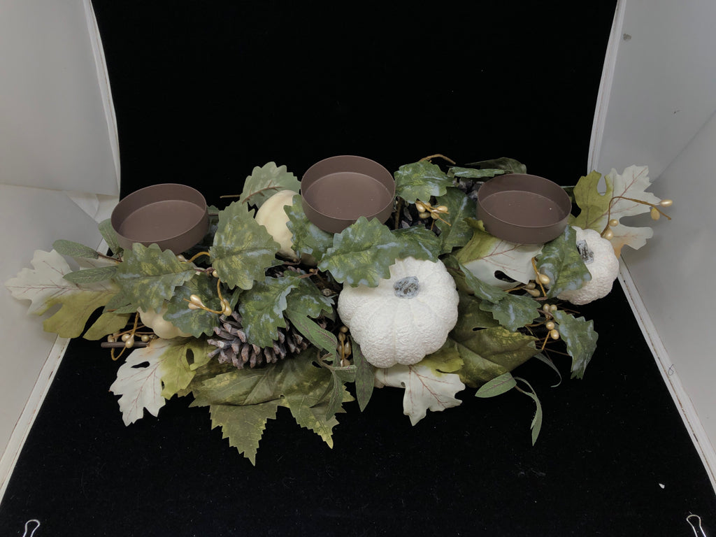 WHITE PUMPKIN GREEN LEAVES BROWN METAL PILLAR CANDLE HOLDER.