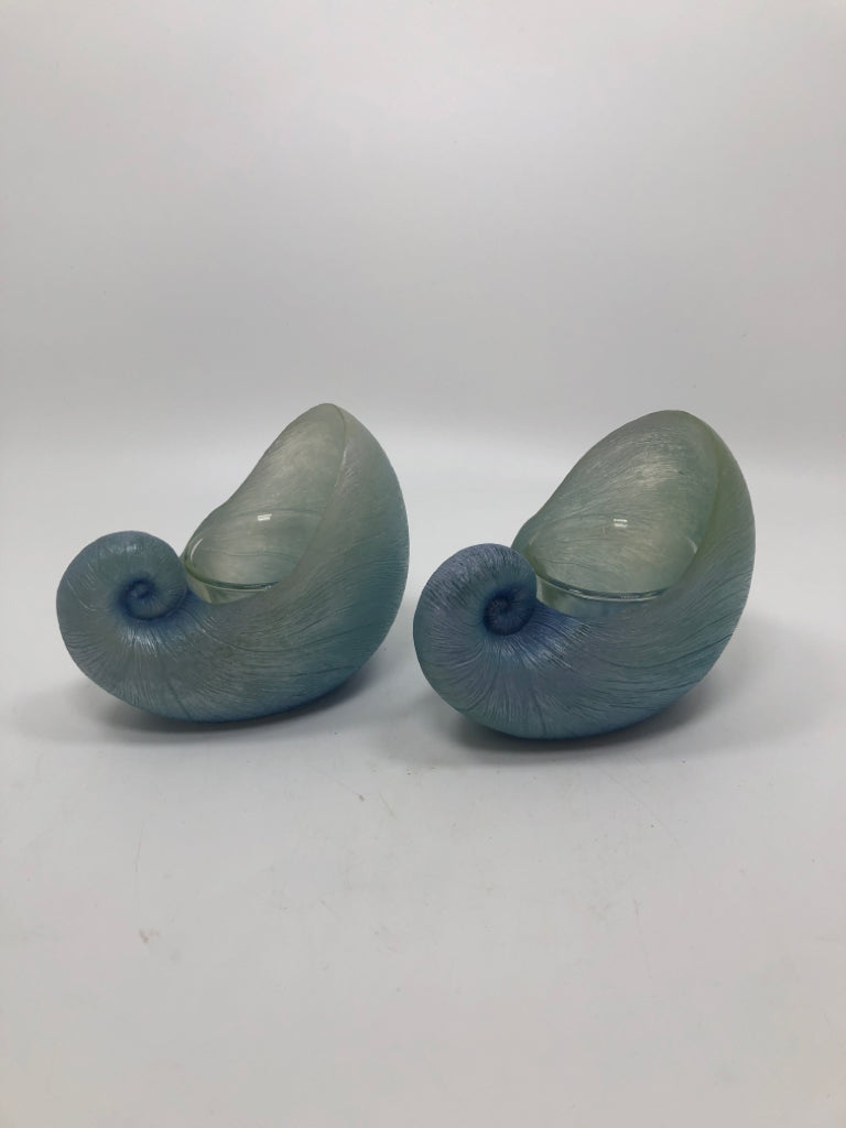 2 BLUE GLASS SEASHELL VOTIVE HOLDERS.