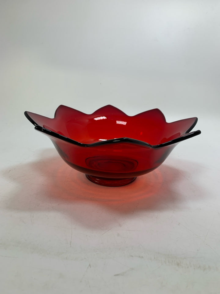 VTG RUBY RED/ORANGE LOTUS FLOWER SHAPED PETAL BOWL.