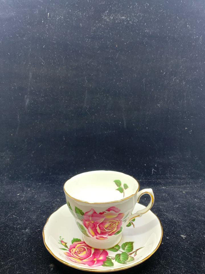 VTG CROWN ROYAL PINK ROSES TEACUP AND SAUCER.