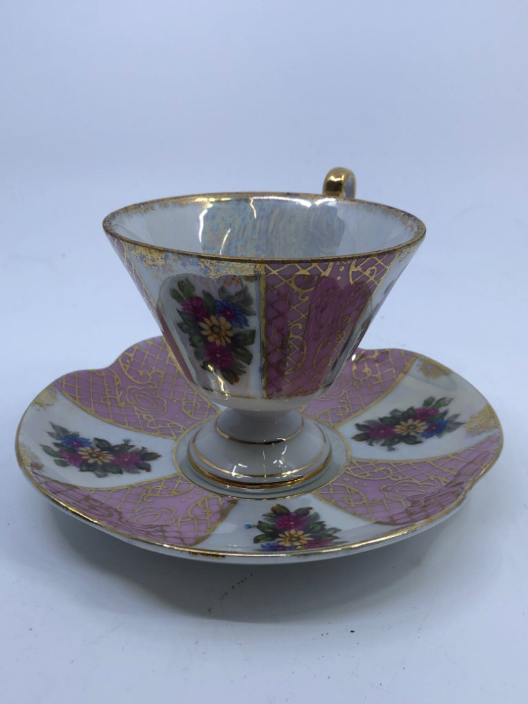 VTG PINK W GOLD ACCENTS AND FLOWERS TEACUP AND SAUCER