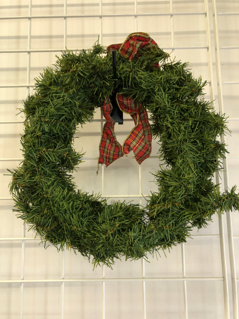 GREENS WREATH W/ PLAID BOW.
