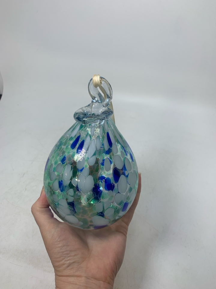 GREEN BLUE WHITE BLOWN GLASS HANGING TEAR DROP ORB.