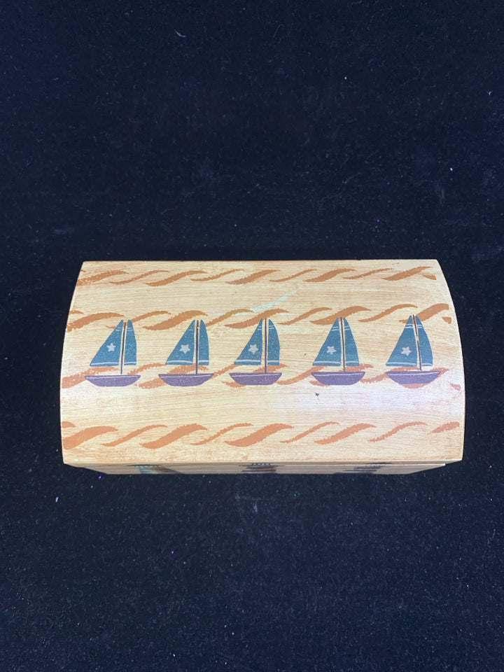 BLONDE WOOD STORAGE BOX W/ SAILBOATS AND LIGHTHOUSES.
