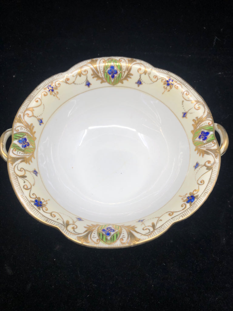 VTG GOLD AND BLUE FLORAL BOWL W HANDLES.