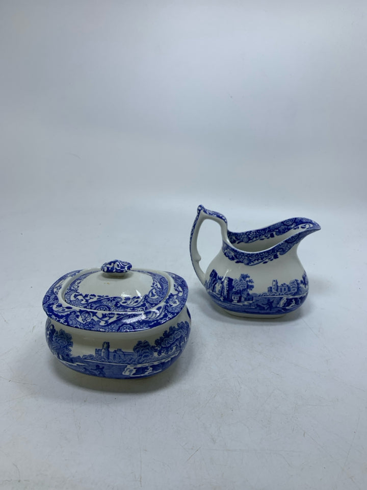 VTG BLUE ITALIAN CREAM & COVERED SUGAR BOWL.