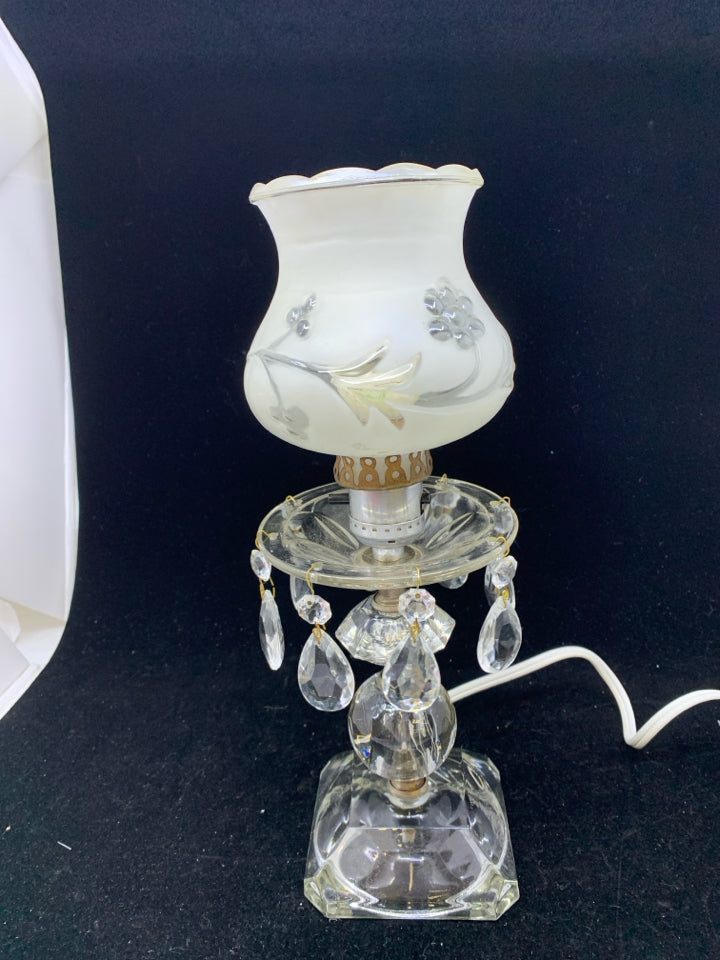VTG FROSTED GLASS LAMP W JEWELS.
