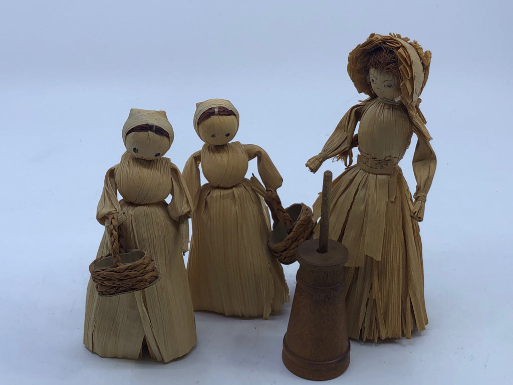 4PC CORNHUSK DOLL W BUTTER CHURN.