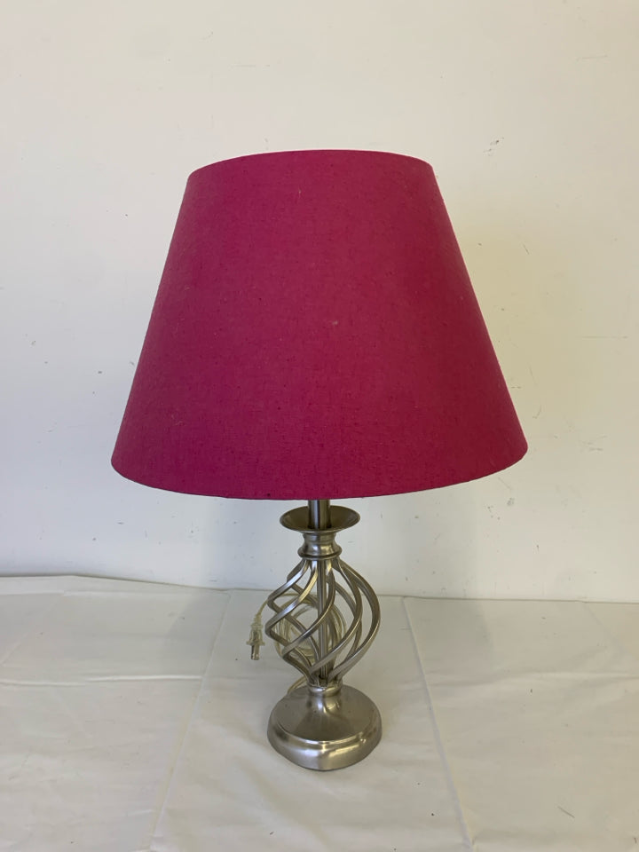 SILVER BASE LAMP W PINK SHADE.