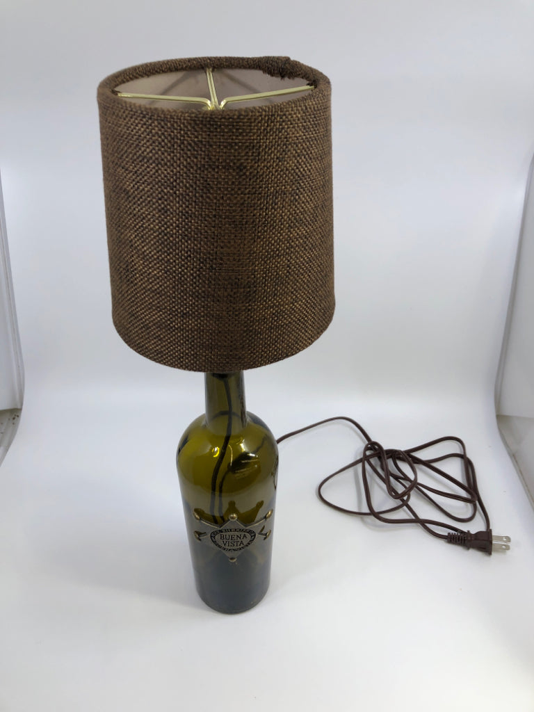 BUENA VISTA SHERIFF BOTTLE LAMP W/BURLAP SHADE.