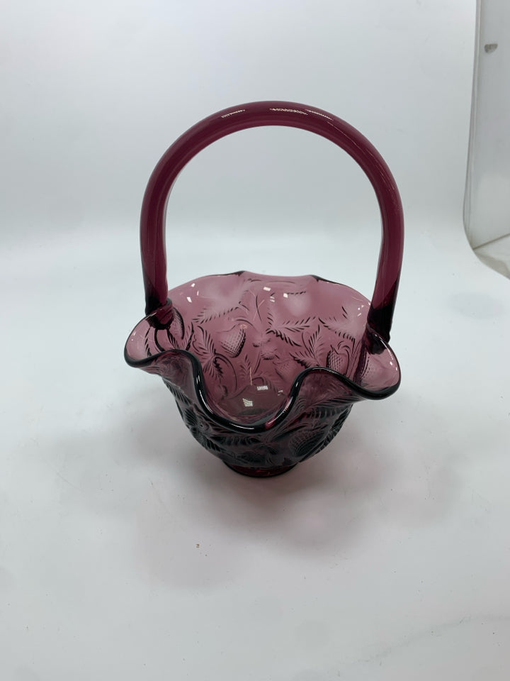 VTG PURPLE GLASS BASKET W/ETCHED STRAWBERRIES.
