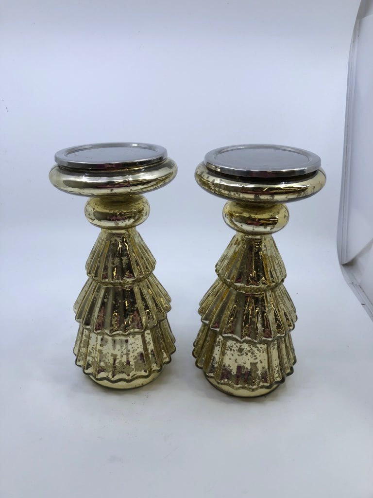 2-GOLD MERCURY GLASS CHRISTMAS TREE CANDLE HOLDERS.