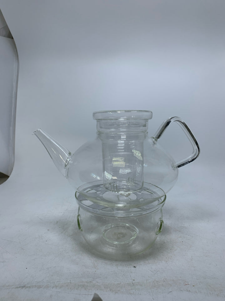 5 PC MUSEE' DE THE' GLASS TEAPOT & AURORA GLASS WARMER.