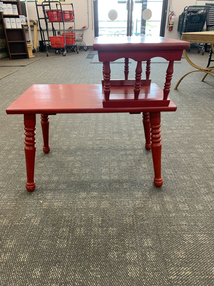 RED PAINTED END TALE WITH TOP SHELF.