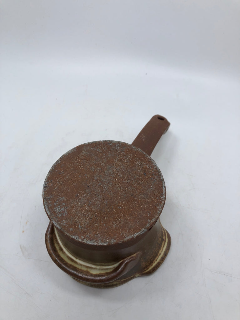 BROWN GLAZED POTTERY BUTTER WARMER.