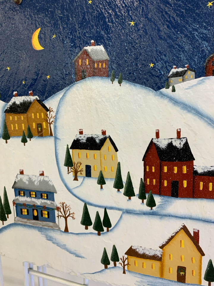 SNOW COVERED HOUSES AT NIGHT HANGING SLATE.