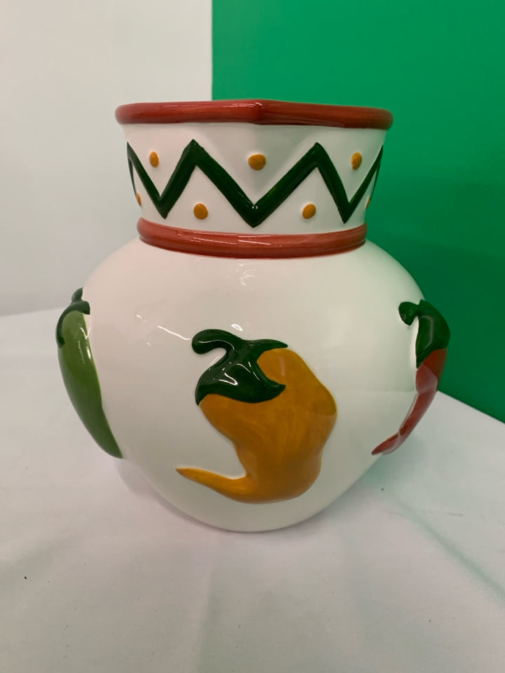 LARGE WHITE CLAY ART PITCHER W CHILI PEPPERS.