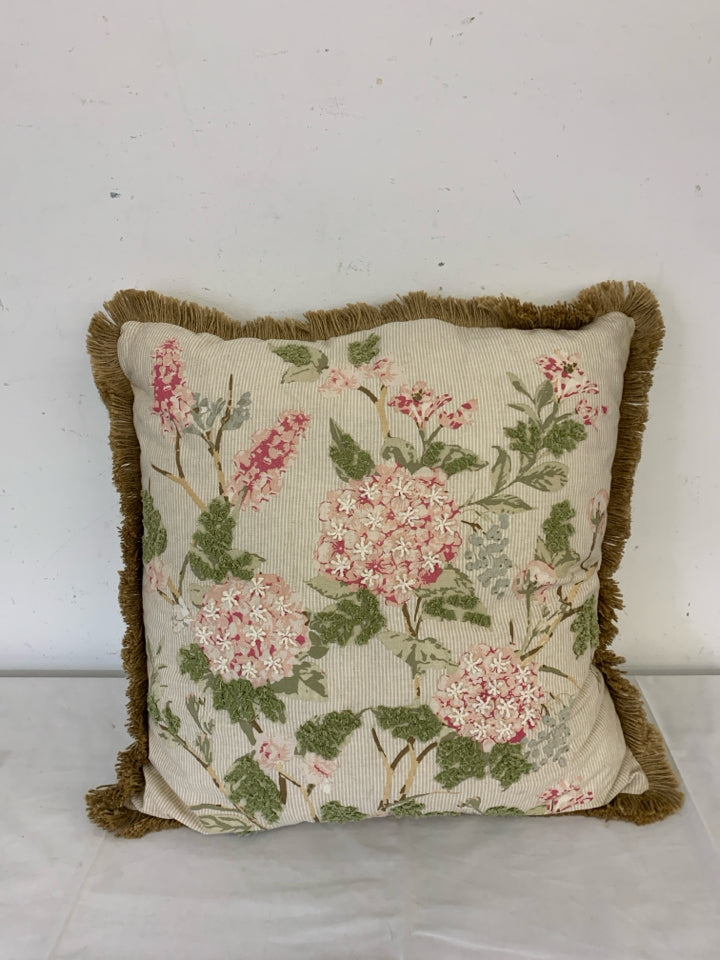 PILLOW W/FRINGE AND FLOWERS.