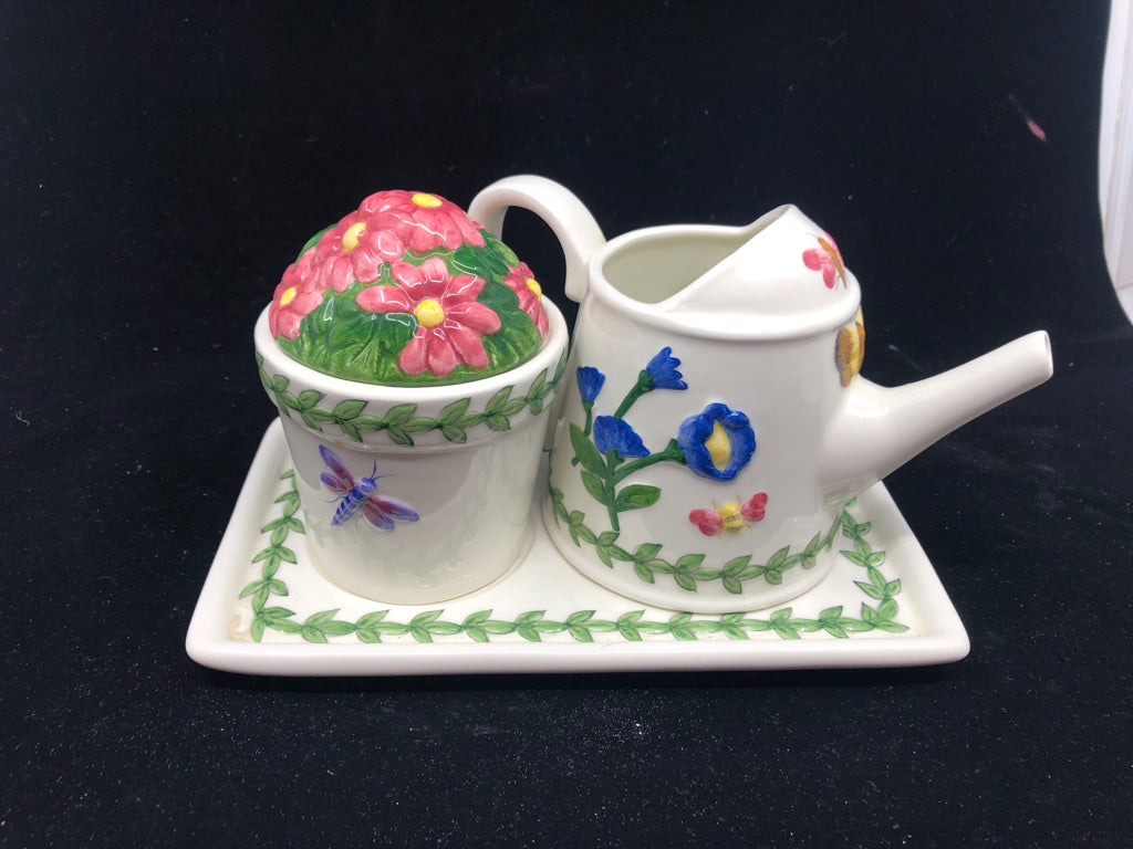 3 PC WATERING CAN = FLOWER POT WITH TRAY CREAM + SUGAR SET.