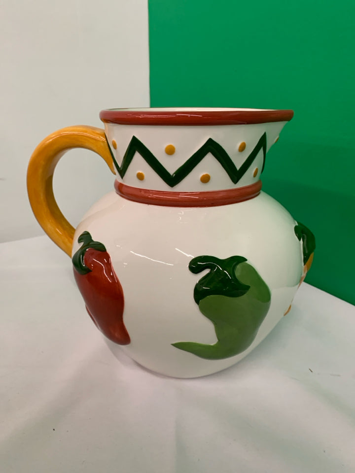 LARGE WHITE CLAY ART PITCHER W CHILI PEPPERS.