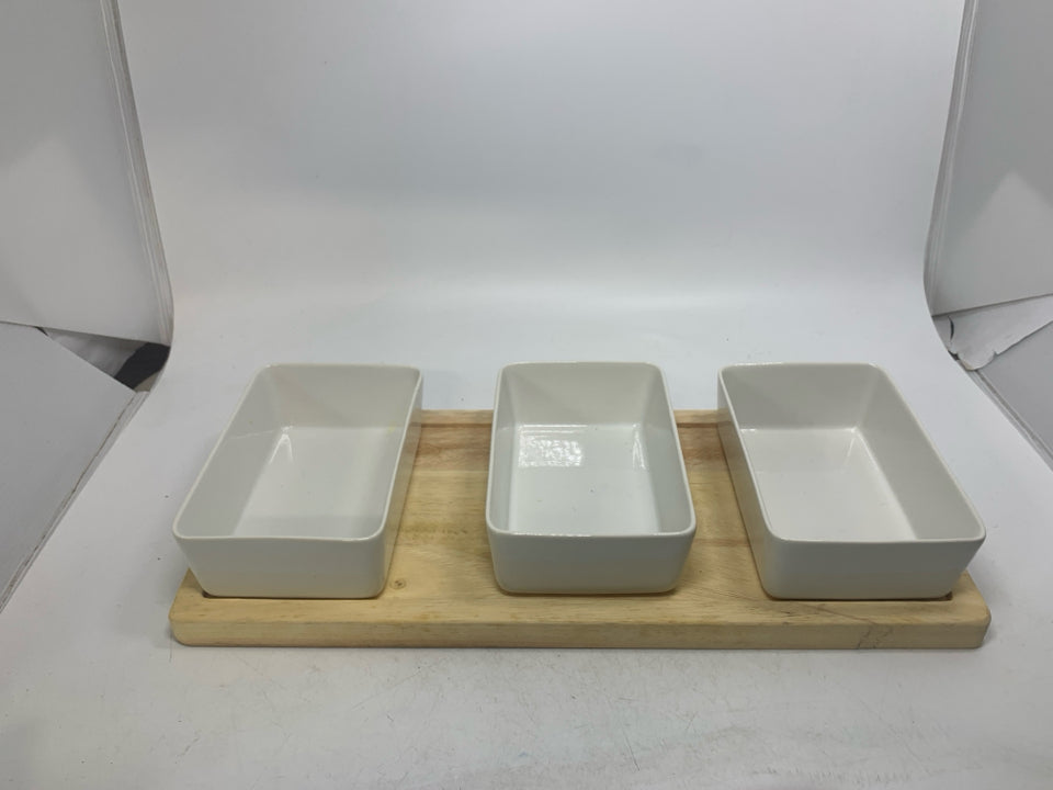 4 PC WOOD TRAY W/ 3 WHITE RECTANGLE SERVING BOWLS.