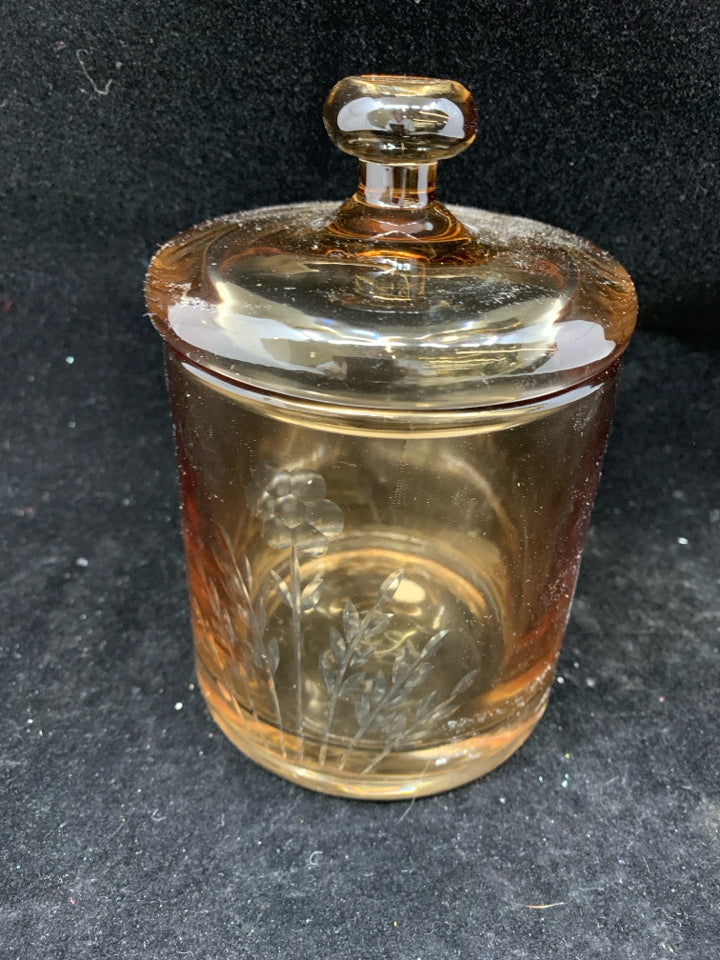 BROWN CLEAR GLASS CANISTER W/ LID.