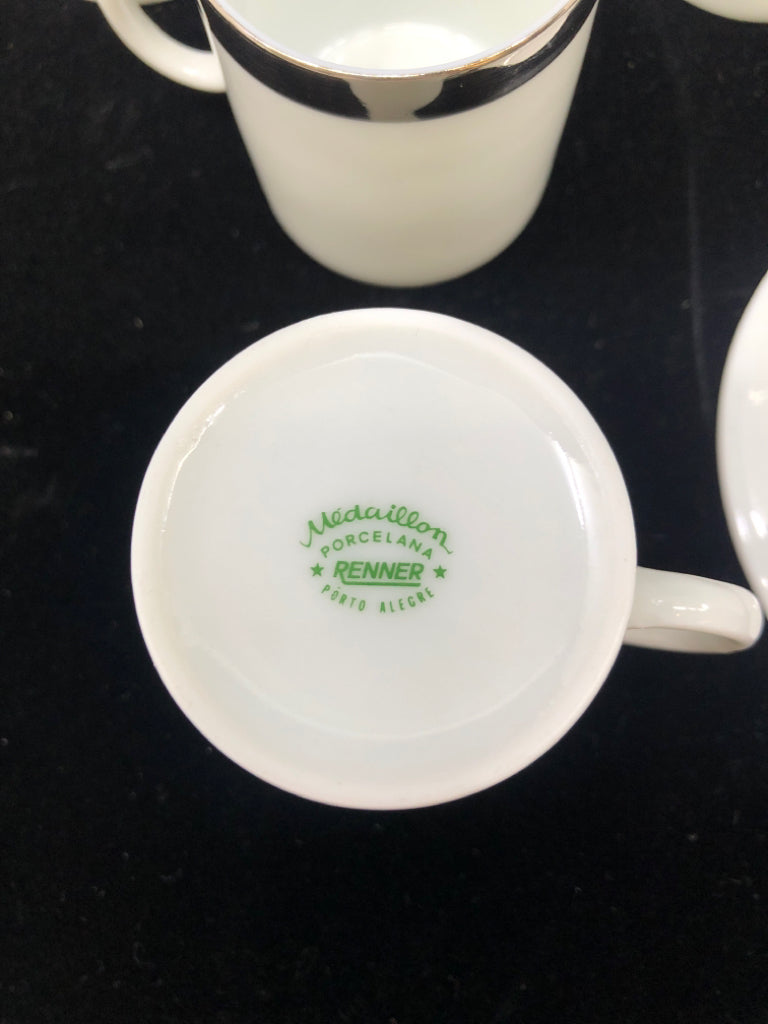 10 PC WHITE/SILVER ESPRESSO CUPS AND SAUCERS.