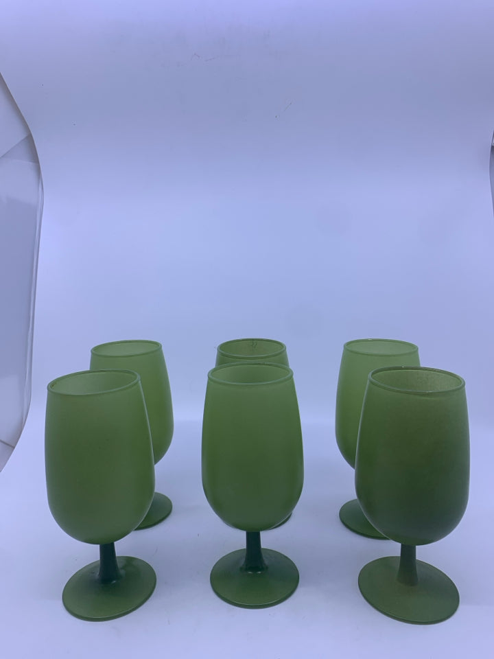6 FOOTED GREEN FROSTED GLASSES.