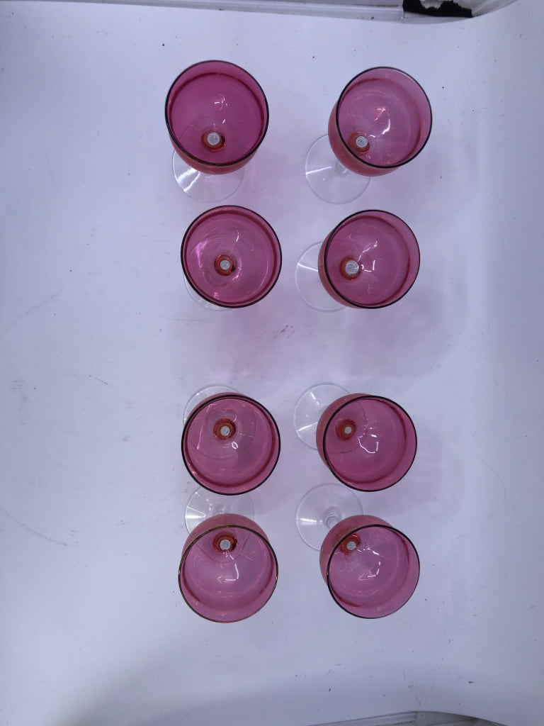 8 SMALL CLEAR STEM/ PINK TULIP WINE GLASSES.