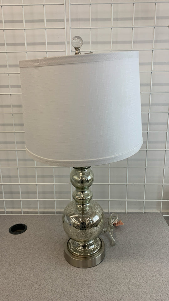 MERCURY GLASS BASE TOUCH LAMP W/WHITE SHADE.