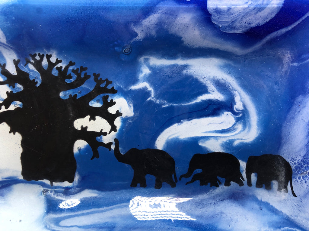 FUSED BLUE GLASS TRAY W/ELEPHANTS.
