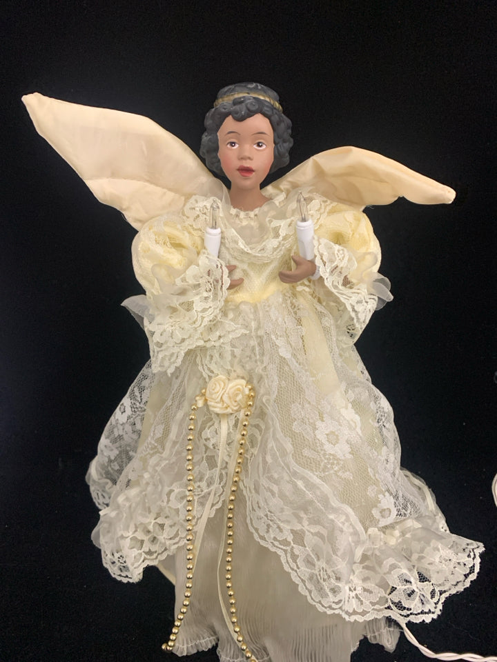 LIGHT UP ANGEL IN CREAM DRESS TREE TOPPER.