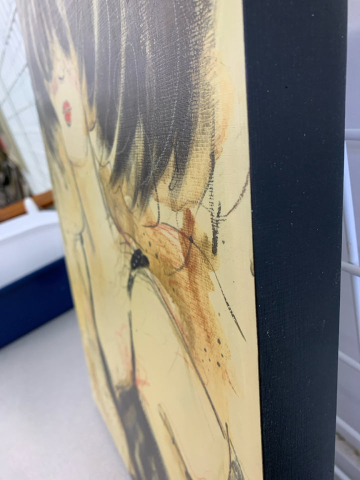 WOMAN IN BLACK DRESS WITH HAIR OVER EYES.