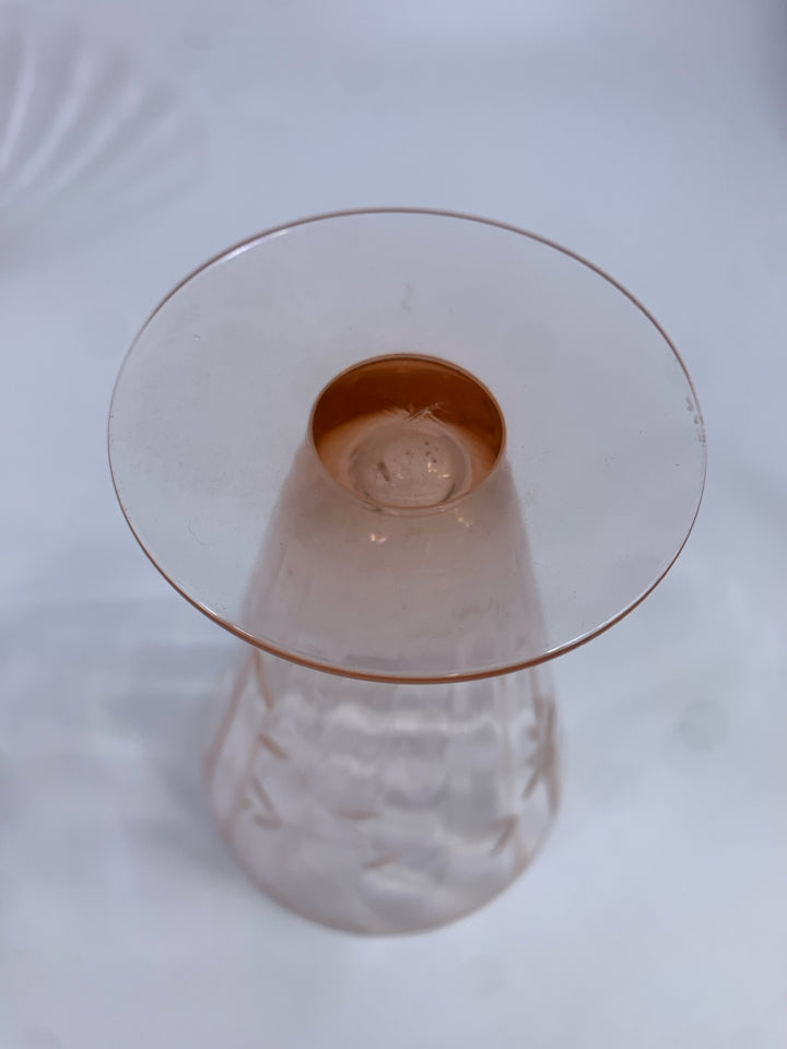 4 VTG PINK DEPRESSION GLASS FOOTED TUMBLER W/ETCHED FLOWER DESIGN.