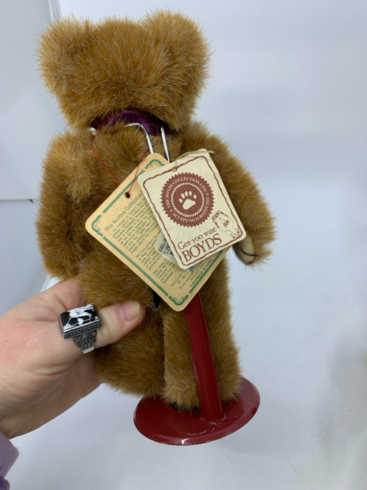 LIGHT BROWN BEAR W/ MAROON BOW & STAND BOYDS BEAR.