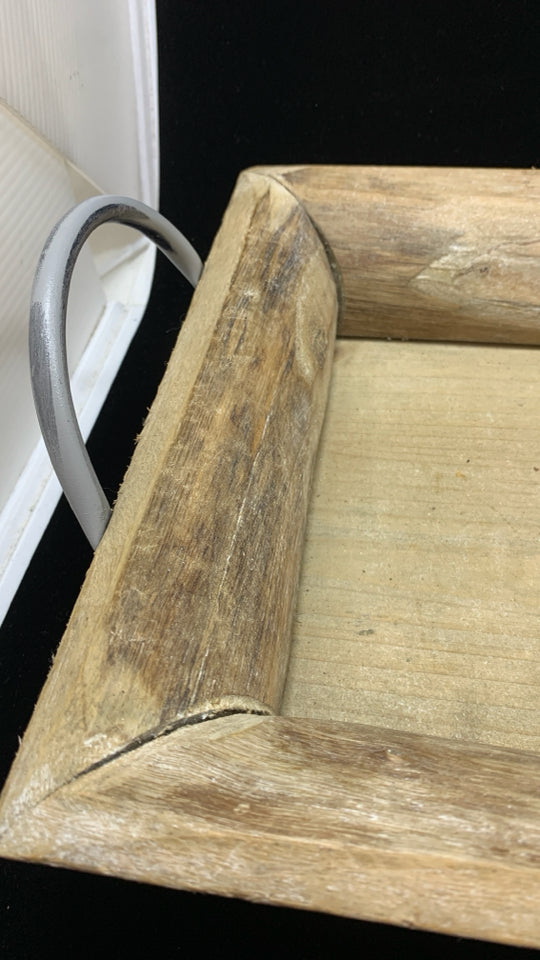 RUSTIC WOODEN TRAY W/METAL HANDLES.