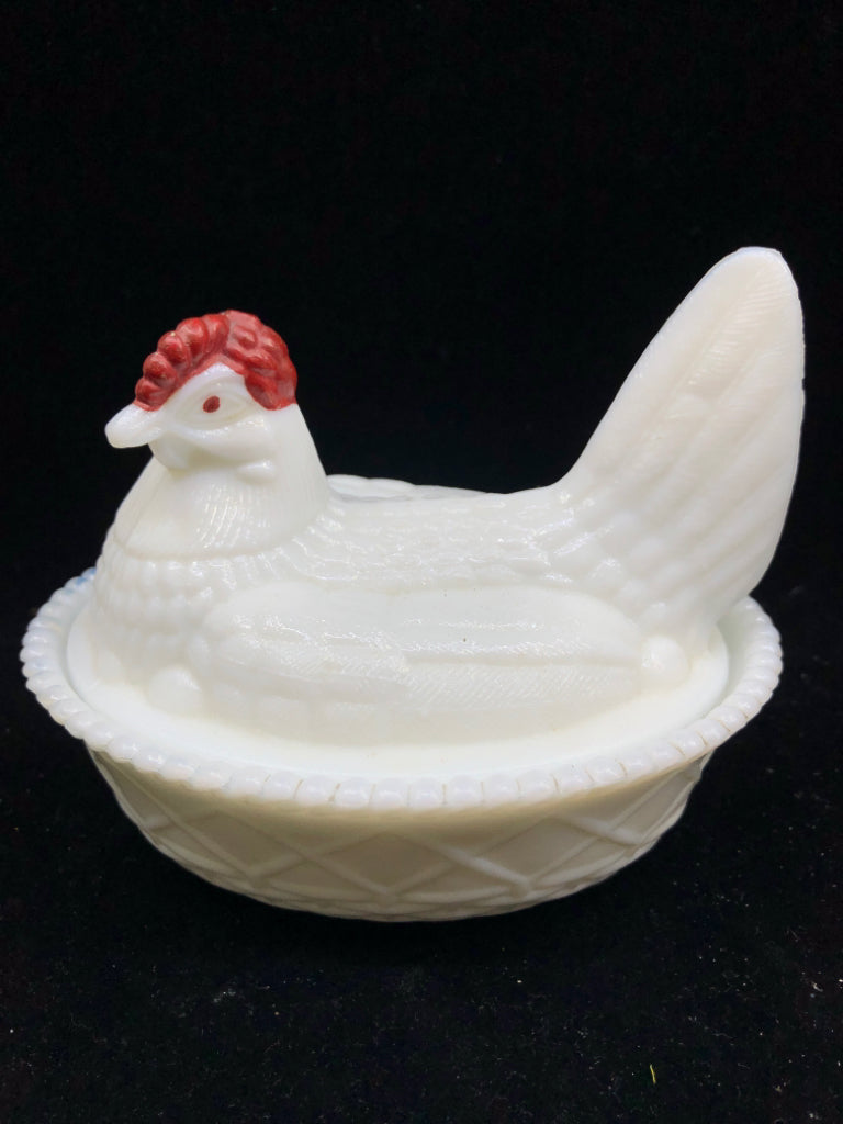 VTG MILK GLASS HEN IN BASKET.