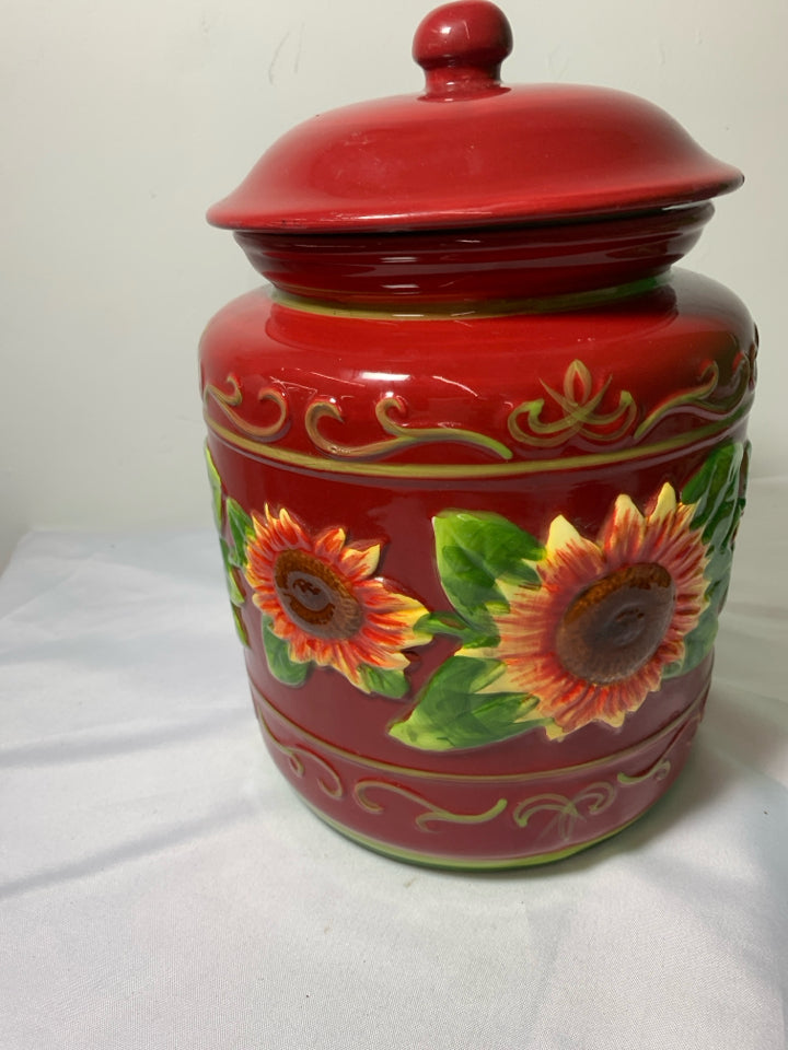LARGE RED EMBOSSED SUNFLOWER COOKIE JAR.